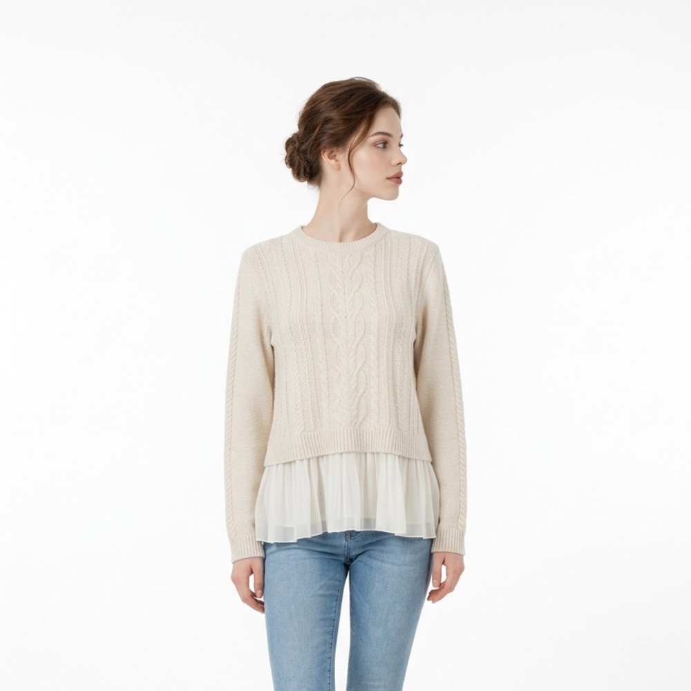 Women's Cream‎ Cable Knit Peplum Sweater Sm Soft Girl Cottaagecore Chic Nuetral